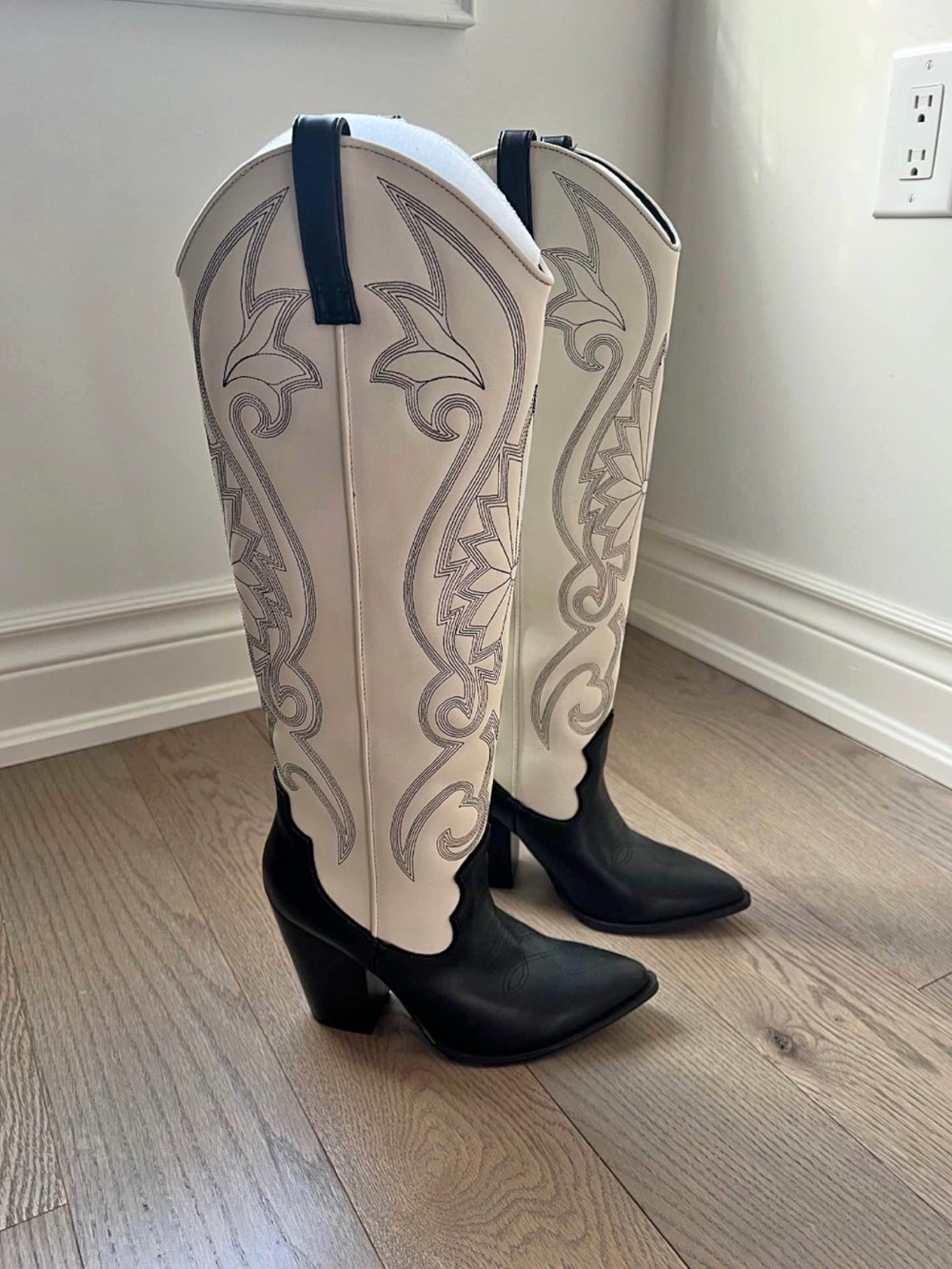 Steve Madden Two-Tone Western Knee Boots in Black & Bone